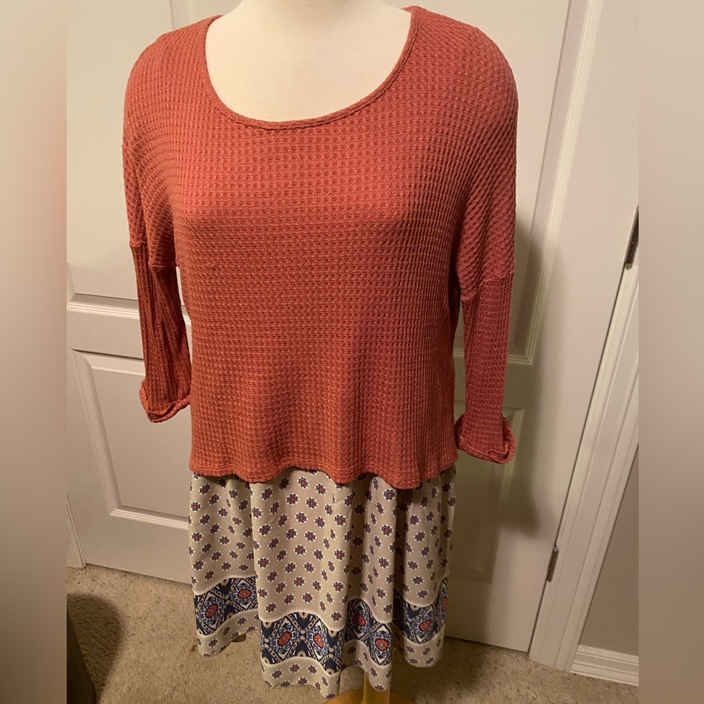 Orange Creek Coral, Beige, Blue Long Sleeve Dress Sz M